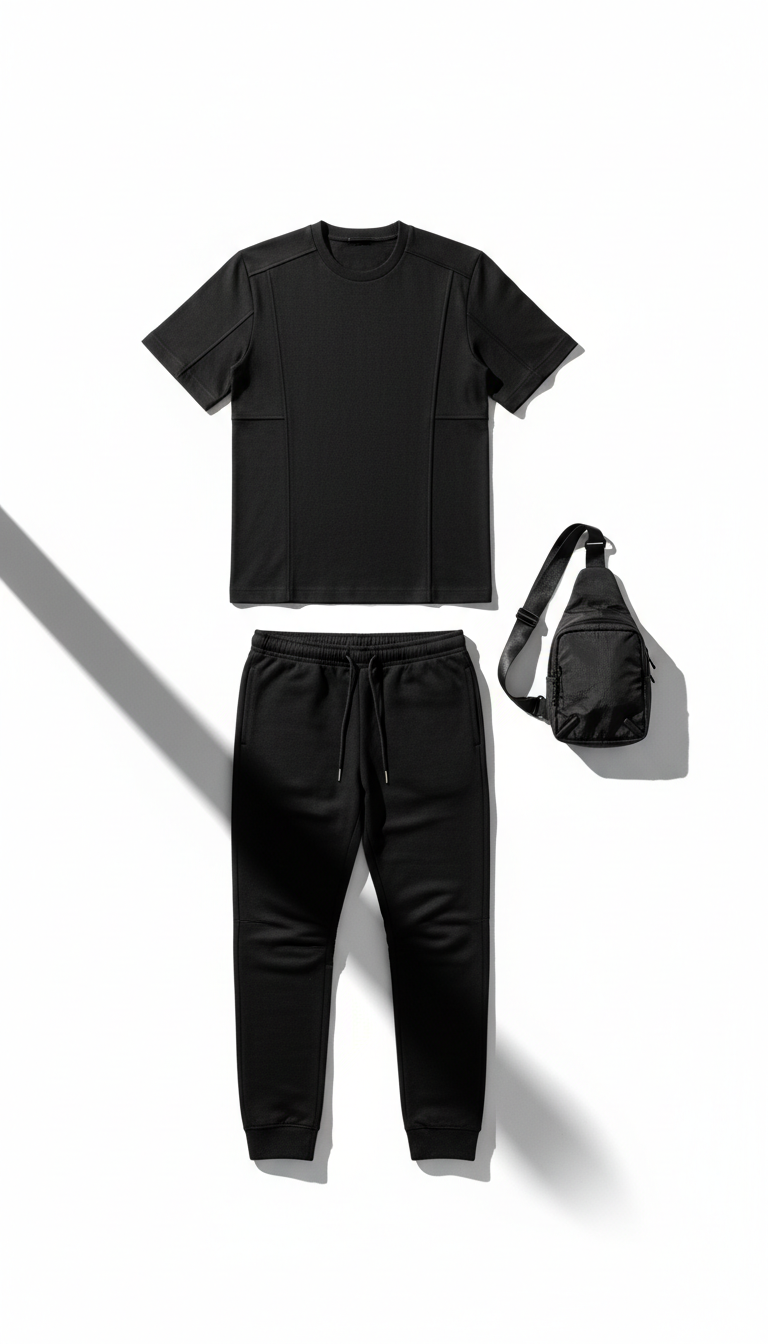 A minimalist flat lay of an all-black streetwear ensemble, including a modern structured cotton tee, tapered joggers with metal-tipped drawstrings, and a subtly textured nylon sling bag. Arranged with meticulous linear alignment on a pure white background, each item casts sharp, defined shadows due to intense side lighting, creating strong contrast and graphic impact. The image is shot from a perfectly perpendicular bird's eye view, emphasizing clarity and precision. The scene conveys a mood of cutting-edge contemporary style and bold confidence, enhanced by the photographic realism and stark, minimalist composition.