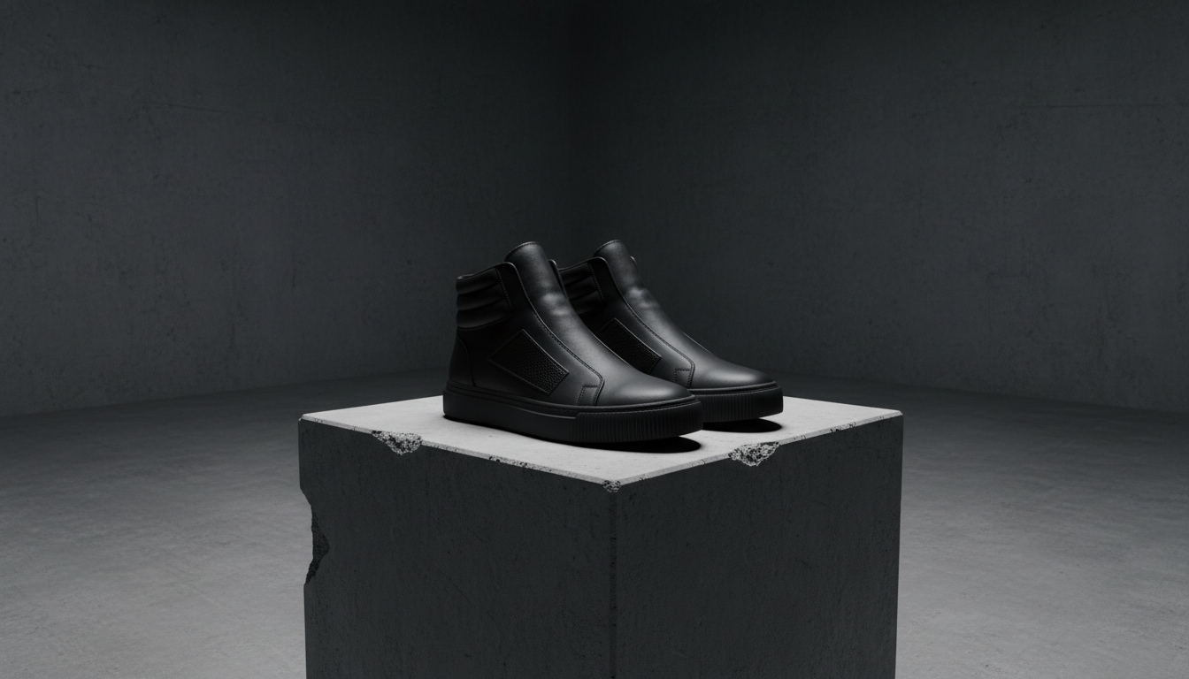 A pair of sleek, all-black leather high-top sneakers with matte finishes and chunky rubber soles, set atop a stark concrete pedestal in an otherwise empty space. Shadows fall crisply to one side from strong directional lighting high above, highlighting the sculptural details and sharp edges of the shoes. The composition is minimalist, with shoes slightly off-center, using ample negative space to accentuate their bold design. The atmosphere is powerful and uncompromising, with an editorial, photographic realism style that underscores streetwear sophistication in a clean and powerful way.